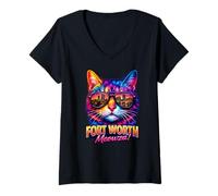 Donna Fort Worth Cat | Trendy Cool Hip Fun Gattino Occhiali da Sole Amante Maglietta con Collo a V
