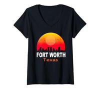 Donna Fort Worth Texas State USA Vintage Retro Sunset City Skyline Maglietta con Collo a V
