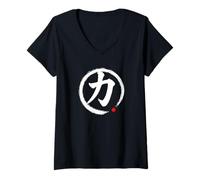 Donna "Forza" Giapponese Word Character Writing Maglietta con Collo a V