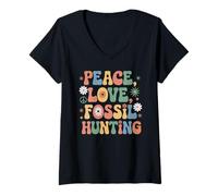 Donna Fossil Hunter 60s 70s Hippie Retro Peace Love caccia fossile Maglietta con Collo a V