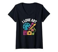 Donna Fotocamera Musicale I Love Art Palette Brush Maglietta con Collo a V