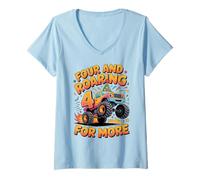Donna Four And Roaring for More Funny 4th Birthday Truck Maglietta con Collo a V