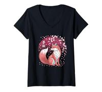 Donna Fox Kitsune Cherry Blossom Night Maglietta con Collo a V