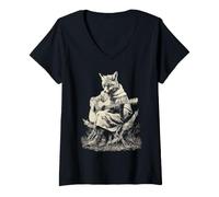 Donna Fox Suonare Chitarra Musica Folk Medievale Animale Chitarrista Maglietta con Collo a V