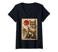 Donna Fox Ululando Vintage Ukiyo-e Arte Giapponese Maglietta con Collo a V