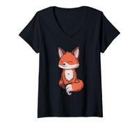 Donna Fox Yoga Chibi Kawaii Anime Giapponese Maglietta con Collo a V