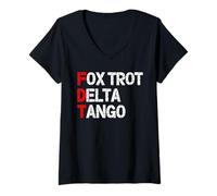 Donna Foxtrot Delta Tango Stencil Alfabeto Fonetico Militare Radio Maglietta con Collo a V