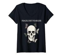 Donna Fragile ma Fearless Skull Butterfly Gothic Dark Estetic Maglietta con Collo a V
