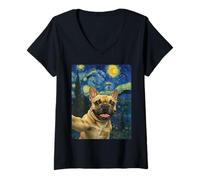 Donna Francese Bulldog Notte Stellata Van Gogh Cane Selfie Frenchie Maglietta con Collo a V