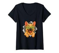 Donna Francese Bulldog Occhiali da sole Frenchie Breaking Through Ripped Maglietta con Collo a V