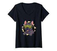 Donna Francese Bulldog Occhiali da sole Frenchie Breaking Through Ripped Maglietta con Collo a V