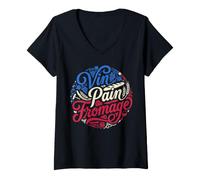 Donna Francese Vin Pain Fromage Bastille Day Cultura Maglietta con Collo a V