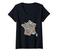 Donna Francia Mappa Punto di Riferimento Doodle Arte Torre Eiffel Viaggio Maglietta con Collo a V