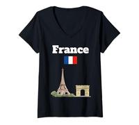 Donna Francia Souvenir Torre Eiffel Arc De Triomphe Bandiera Francese Maglietta con Collo a V