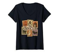 Donna Francobolli Halloween Vintage Spooky Themed The Boo Club Maglietta con Collo a V