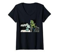 Donna Frankenstein Monster & Bride Halloween Scena Bacio Romantico Maglietta con Collo a V
