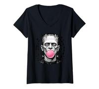 Donna Frankenstein Mostro Bubble Gum Divertente Vintage Halloween Maglietta con Collo a V