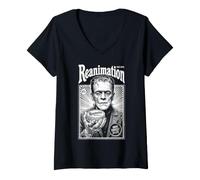 Donna Frankenstein Rianimazione Halloween Annuncio Vintage Mostro Maglietta con Collo a V