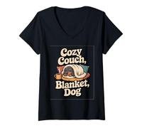 Donna Frase Bassotto Coccole caffè Cozy Couch Blanket Dog Maglietta con Collo a V