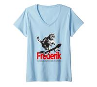 Donna FREDERIK - Nome ragazzo simpatico con gatto e skateboard Maglietta con Collo a V