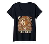 Donna Free Spirit Sole Luna Celeste Boho 70s Retro Art Maglietta con Collo a V