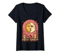Donna Free Spirit Sole Luna Celeste Boho 70s Retro Art Maglietta con Collo a V