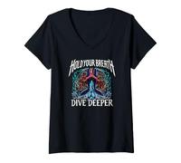 Donna Freediver Scuba Hold Your Breath Dive Deeper Maglietta con Collo a V