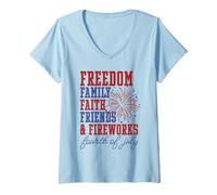 Donna Freedom Family Faith Friends Fuochi d'artificio Festa del 4 luglio Maglietta con Collo a V
