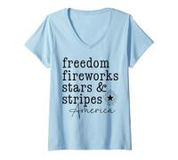 Donna Freedom Fireworks Stars & Stripes America 4 luglio Patriottico Maglietta con Collo a V