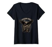Donna Freedom Rides Eagle Moto Vintage Art Maglietta con Collo a V