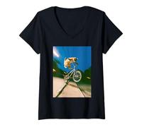 Donna Freestyle Bicycle Riding Cat Street Trick Maglietta con Collo a V