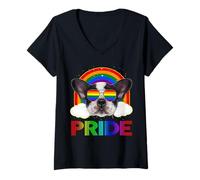 Donna French Bulldog Gay Pride LGBT Rainbow Flag Sunglasses LGBTQ Maglietta con Collo a V
