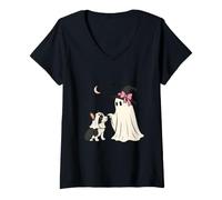 Donna Frenchie Autunno Camicia Halloween Fantasma Strega Cappello Luna e Stelle Maglietta con Collo a V