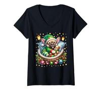 Donna Frenchie Puppy for Xmas with French Bulldog Christmas Vibes Maglietta con Collo a V