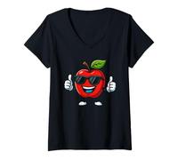 Donna Fresco Red Cartoon Apple con occhiali da sole Maglietta con Collo a V