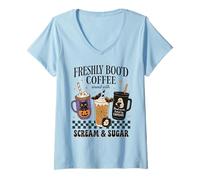 Donna Freshly Boo'd Coffee - Tazza Divertente per Halloween, Motivo: Gatto e Pipistrello Maglietta con Collo a V