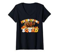 Donna Friends Giving Squad 2026 Groovy Turkey Pumpkin Thanksgiving Maglietta con Collo a V