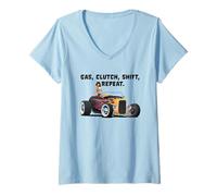 Donna Frizione a Gas Ripetizione Cambio Classico Hotrod Car Design Maglietta con Collo a V