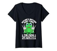 Donna Frog Catcher Nature´s Matcher Here Comes Frog Maglietta con Collo a V