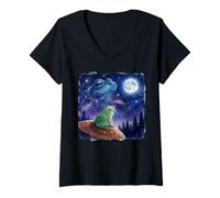 Donna Frog Howling at The Moon Night Sky Animal Art Maglietta con Collo a V