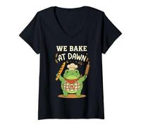 Donna Frog We Bake at Dawn Funny Baking Humor Meme 3 Maglietta con Collo a V