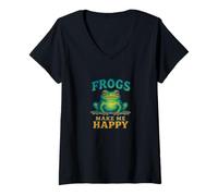 Donna Frogs Make Me Happy Funny Nature Amphibian Lover Citazione Maglietta con Collo a V