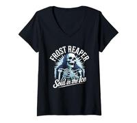 Donna Frost Reaper - Scheletro Gotico Blu Sunburst Morte Ghiaccio Maglietta con Collo a V