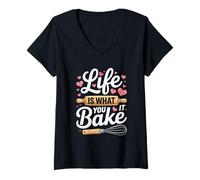 Donna Frusta da Forno con Citazione Life Is What You Bake It Maglietta con Collo a V