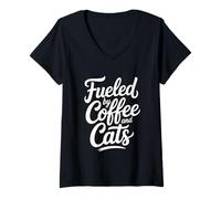 Donna Fueled By Cats And Coffee Maglietta con Collo a V