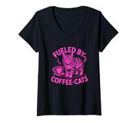 Donna Fueled By Cats And Coffee Maglietta con Collo a V