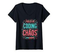 Donna Fueled by Coding and Chaos Developer Humor Maglietta con Collo a V