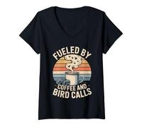 Donna Fueled By Coffee And Bird Calls ironia Birdwatching Maglietta con Collo a V