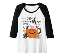 Donna Fueled by Coffee Spooky Stories Ghost Pumpkin Tazza per Halloween Maglia con Maniche Raglan