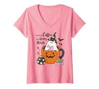 Donna Fueled by Coffee Spooky Stories Ghost Pumpkin Tazza per Halloween Maglietta con Collo a V